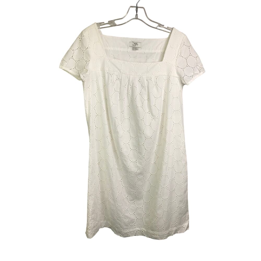 Loft Dress Womens Sz 10 White Squared Neckline Eyelet Lace Side Zip Short Sleeve